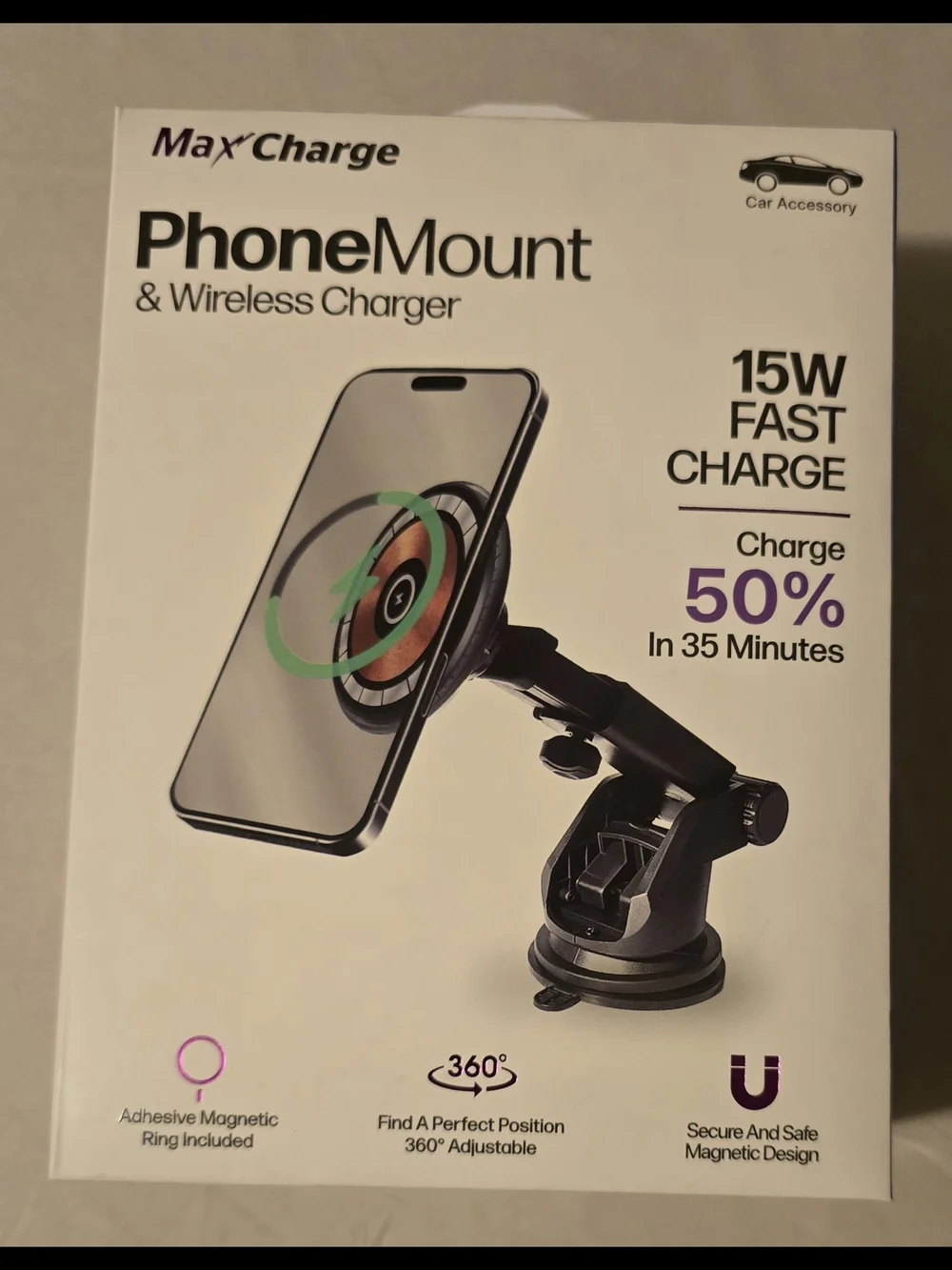 Black Phone Mount & Wireless Charger 15W Fast Charge